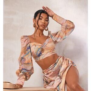 Festival Pastel Marble Boho Fairy Ruched Crop Blouse Long Sleeve 4 / Small NWT